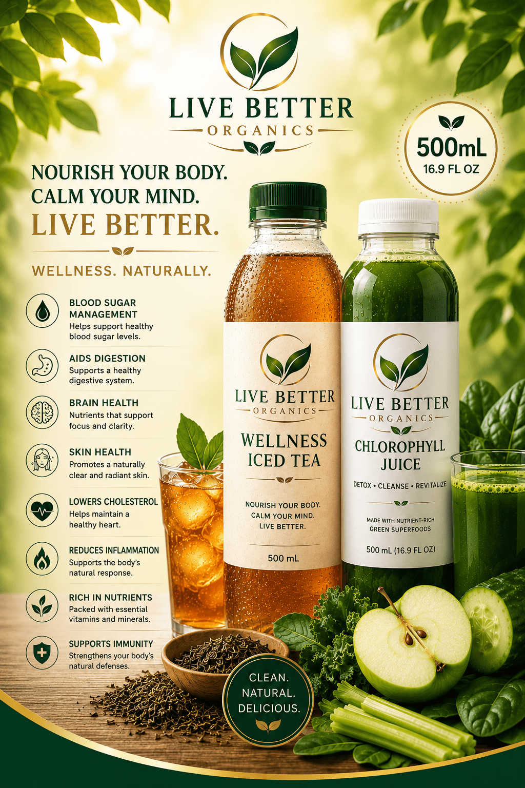Live Better Organics Wellness Iced Tea and Chlorophyll Juice